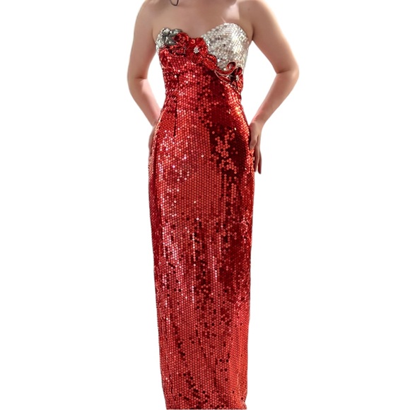 Vintage Las Vegas Alyce Designs Red Sequin Evening Gown Strapless 1980-1990s - Picture 5 of 16